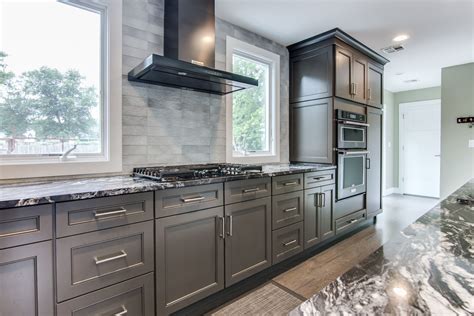 grey cabinets black stainless steel appliances|kitchen with gray cabinets.